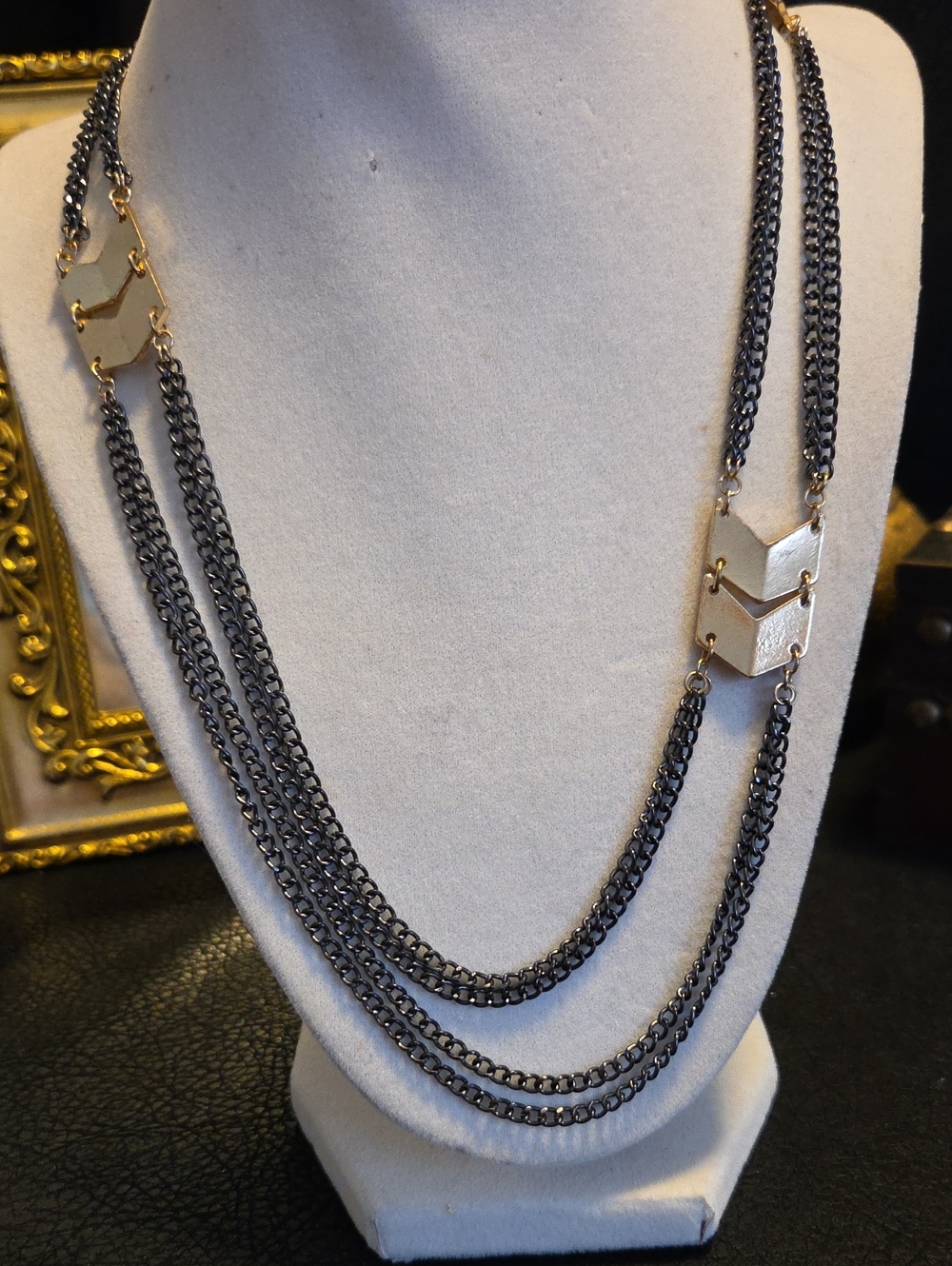G By Guess  Multi-Strand Black and Goldtone Chevron Accent Necklace